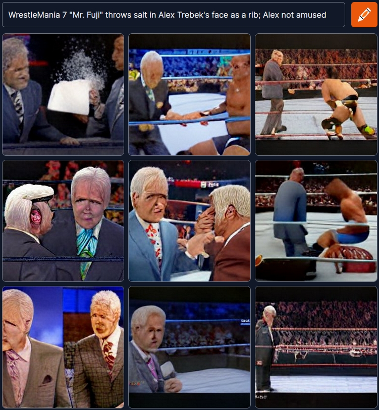 WrestlingAI's tweet photo. WrestleMania 7 "Mr. Fuji" throws salt in Alex Trebek's face as a rib; Alex not amused 

#DALL·E #craiyon #wrestling #AI #draw #modeling #CPUimaging #WrestlingAI https://t.co/TKPJBTXMbr
