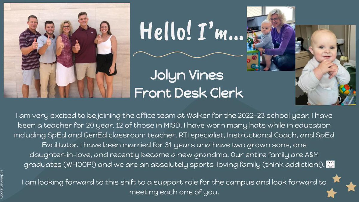 melanie_raleeh's tweet photo. Walker Stars - Let’s give Jolyn Vines a warm welcome! #mymisd #walkeratwork https://t.co/m3j5P25XPJ