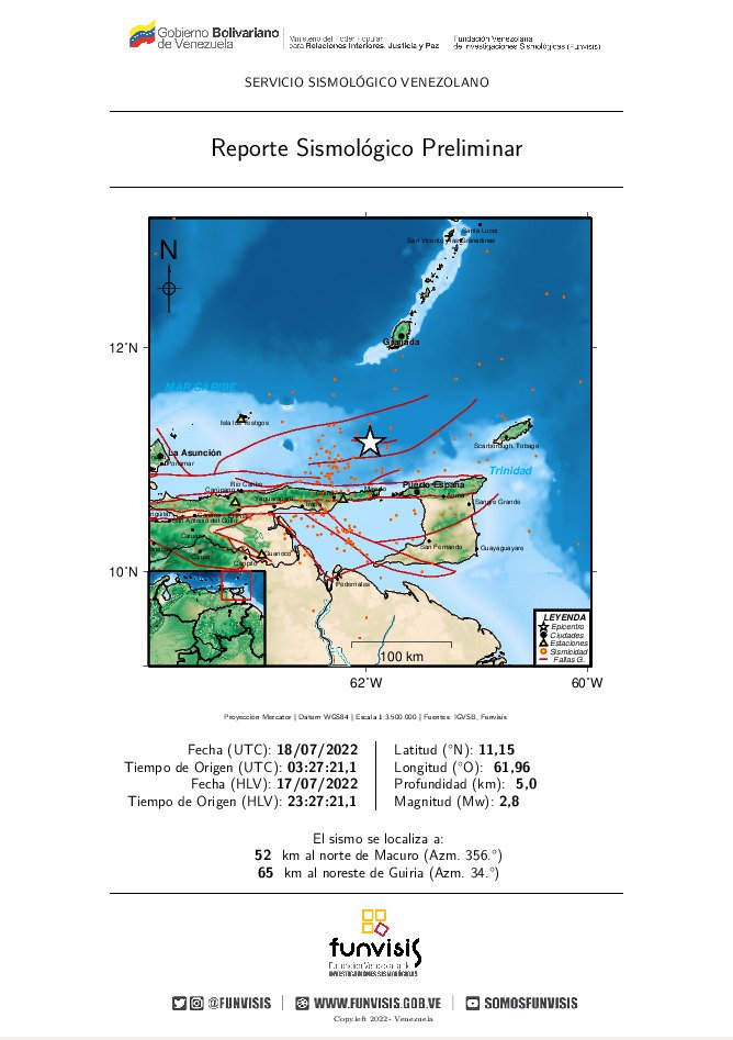 FUNVISIS's tweet photo. Sismo No Sentido
2022/07/17 23:27
Mag (Mw): 2.8
Prof: 5.0 km
Epicentro: 11.15 N  61.96 O
52 km al norte de Macuro https://t.co/O1nfJtO1sd