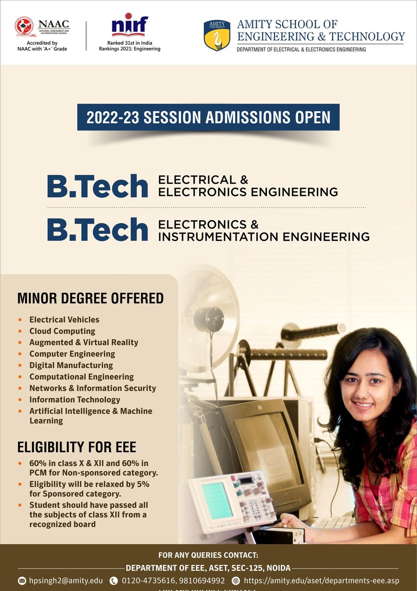 Amity_EEE's tweet photo. Admissions Open for Session 2022-23
#admissions #electricalengineering #electricalandelectronicsengineering https://t.co/FwQ8zBeF4I