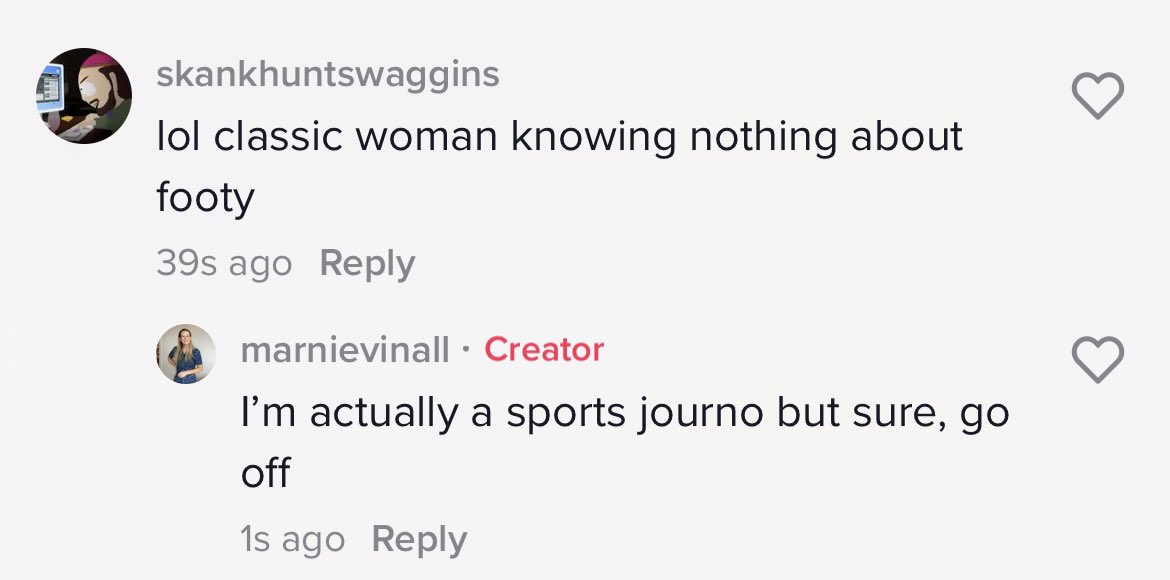 marnievinall's tweet photo. I get messages like this at least a few times a week. 

The idea that footy is a men’s domain only is still so pervasive within society, and although yes trolls are stupid and dumb, it’s unbelievably exhausting. https://t.co/hk1Luma8J2