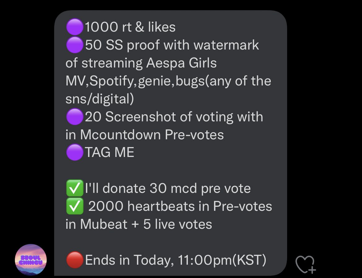🚨 DEAL 🚨

We will get 30 MCD pre vote &amp; 2k beats for pre vote + 5 live vote for:

🟣1000 rt &amp; likes
🟣50 SS proof with watermark of streaming 'Girls' (any sns/digital)
🟣20 SS of voting with in Mcountdown Pre-votes
🟣TAG @SeoulChingu

🔴Ends in Today, 11:00pm(KST)

#MYaenergy