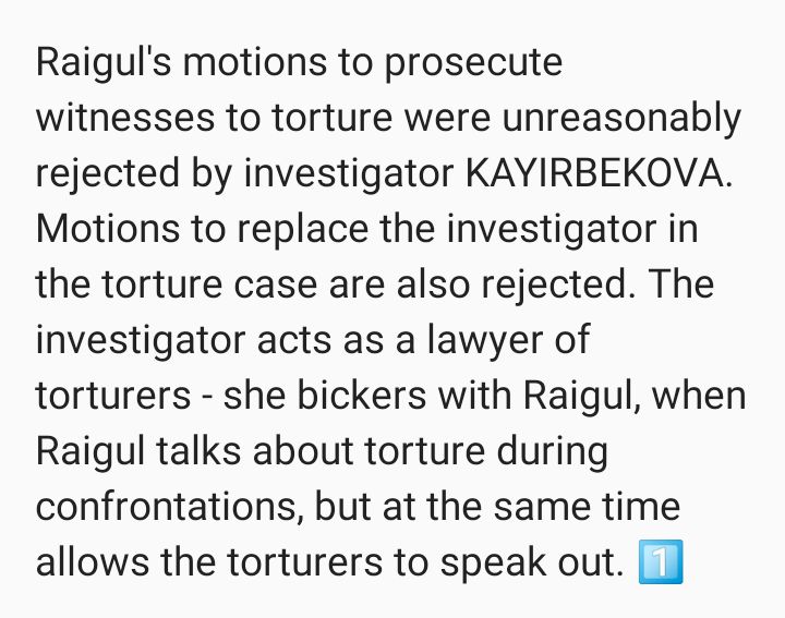 Veritas_kz's tweet photo. 6/6
Raigul identified the officers who participated in the torture, including Prosecutor #MUSTAFIN, as well as police officer AZANBAYEV, who threatened to rape her with a truncheon, and others. https://t.co/sdQOd3JR9w