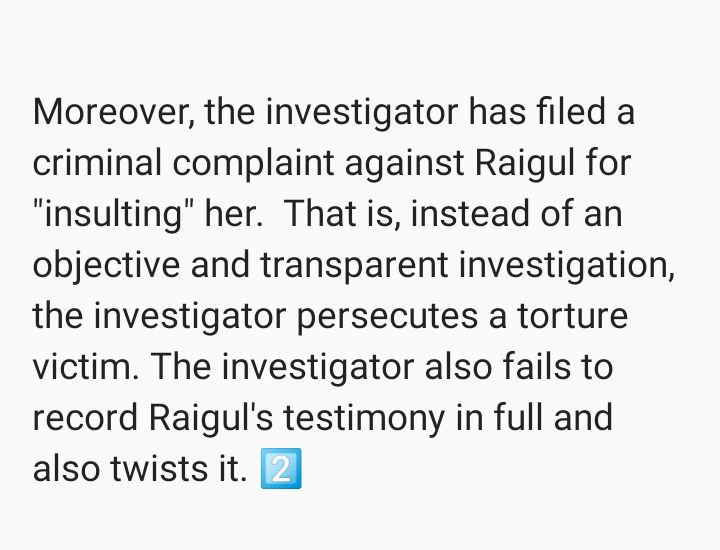 Veritas_kz's tweet photo. 6/6
Raigul identified the officers who participated in the torture, including Prosecutor #MUSTAFIN, as well as police officer AZANBAYEV, who threatened to rape her with a truncheon, and others. https://t.co/sdQOd3JR9w
