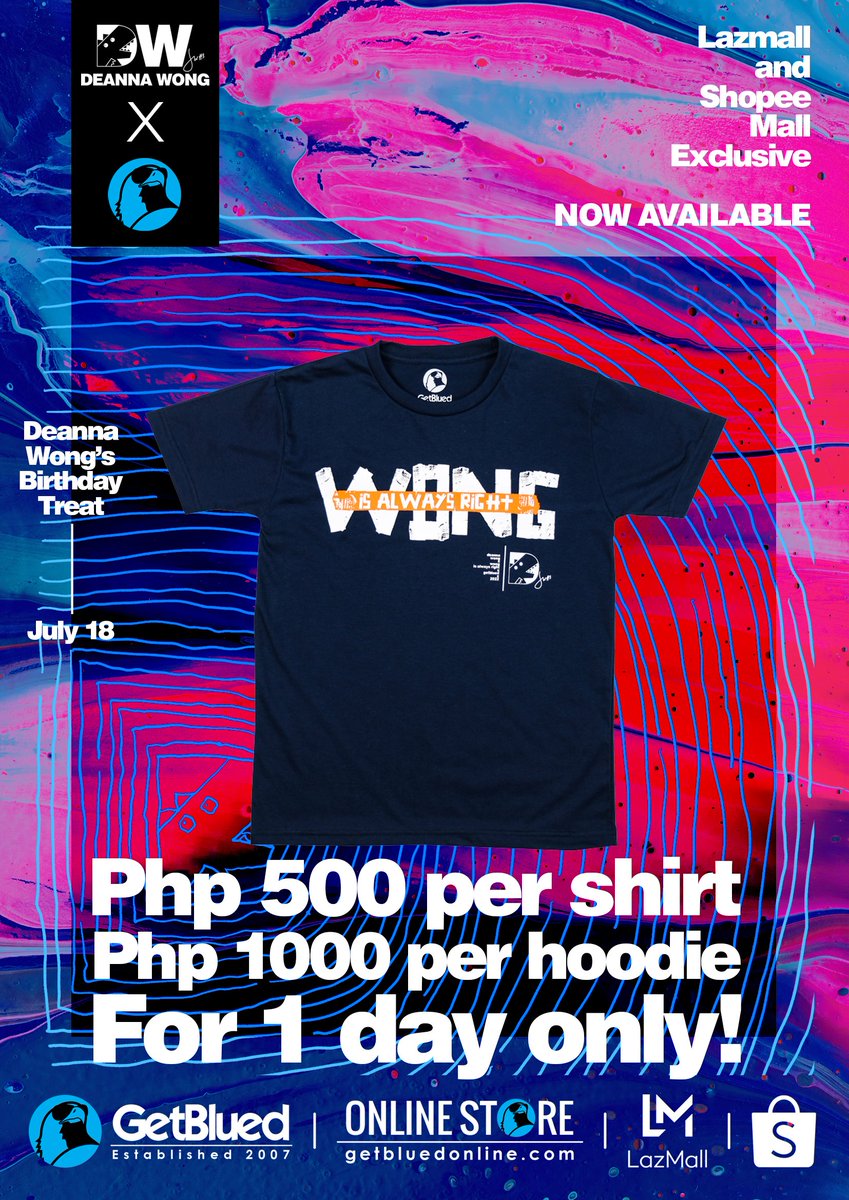 NEW DESIGN ALERT! A new design has just arrived in time for Deanna's birthday treat! Get this along with other amazing deals: 🦅 PhP500 each DW X GetBlued Shirt 🦅 PhP1000 on DW X GetBlued Hoodie ONE DAY ONLY. LazMall and Shopee Mall #HappyBirthdayDeanna #deannawong