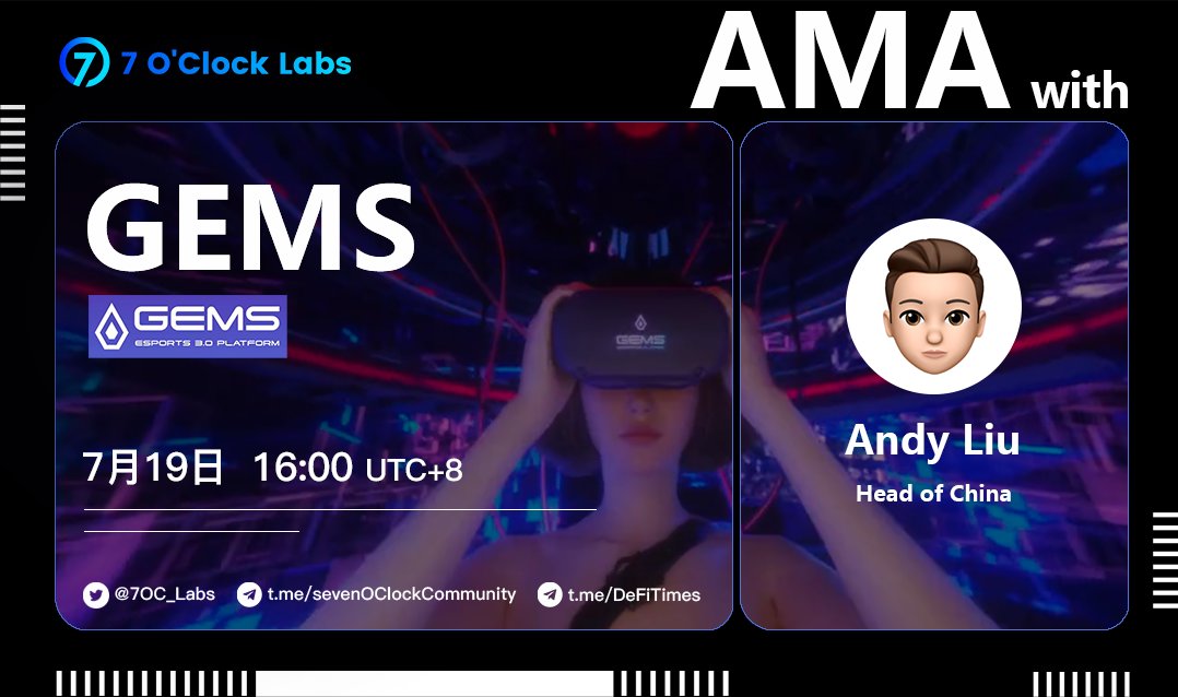 7OC_Labs's tweet photo. We will host an AMA with @gemsgg_official 
⏰ 7/19 16:00 UTC+8
📍https://t.co/9XAPzrjl8N
#Airdrops 🎁🎁 100 USDT and 5 NFT 
5 fans will be airdropped NFT from twitter questions, 5 fans will be selected by tg group AMA interaction, and 5 fans will be airdropped 20U per person. https://t.co/Wsw6qH2JuU