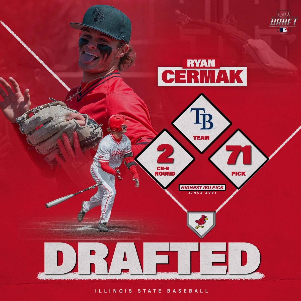 Ryan Cermak has been selected in the Competitive Balance Round B in Round 2. Cermak is the highest ISU draft pick since Neal Cotts (69th in 2001). He is the third 2nd round pick in school history (Cotts; Bergman, 1974).
