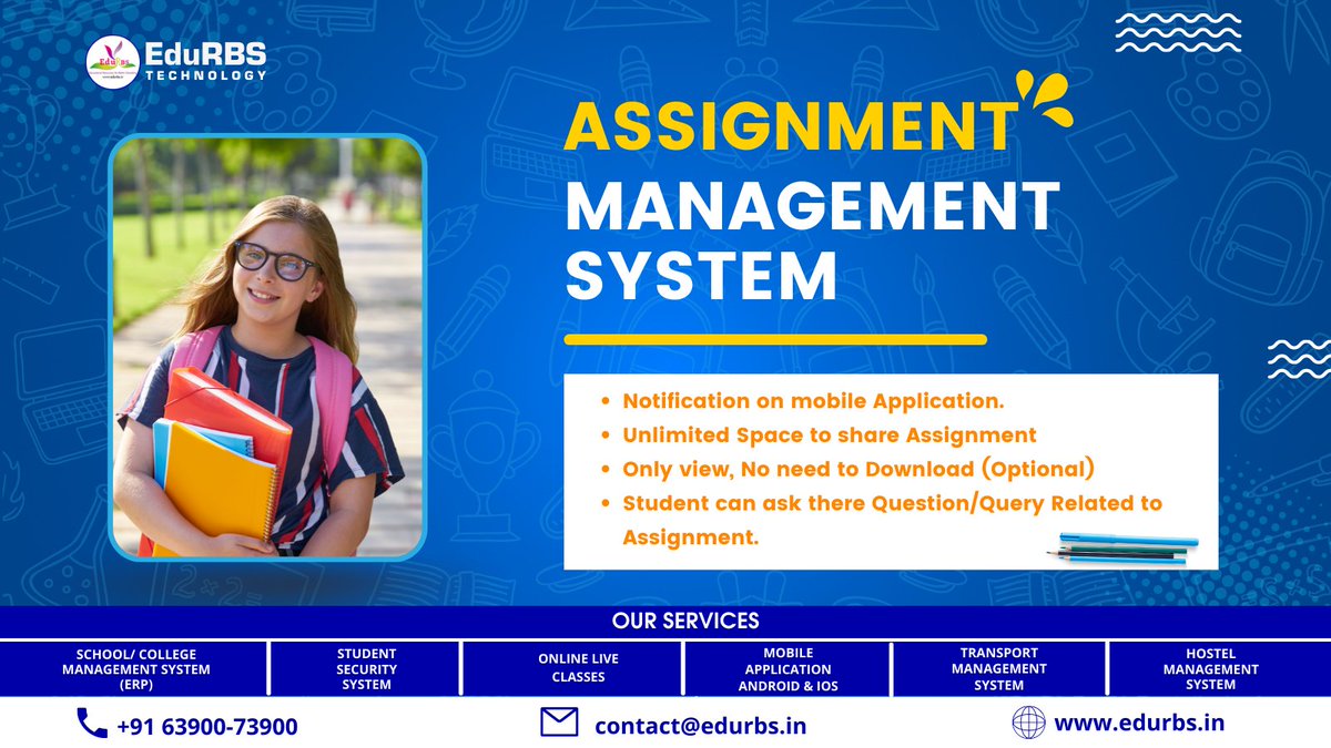 Edurbstech2's tweet photo. Assignment Management System
1: Notification on mobile Application.
2: Unlimited Space to share Assignment
Contact for More Details:
Call: +91 63900-73900
Email: contact@edurbs.in
Website: https://t.co/GKWTk4Q1wd
#schoolerp #edurbs #assignment
#assignmentmanagement https://t.co/hAahiiI9Xb