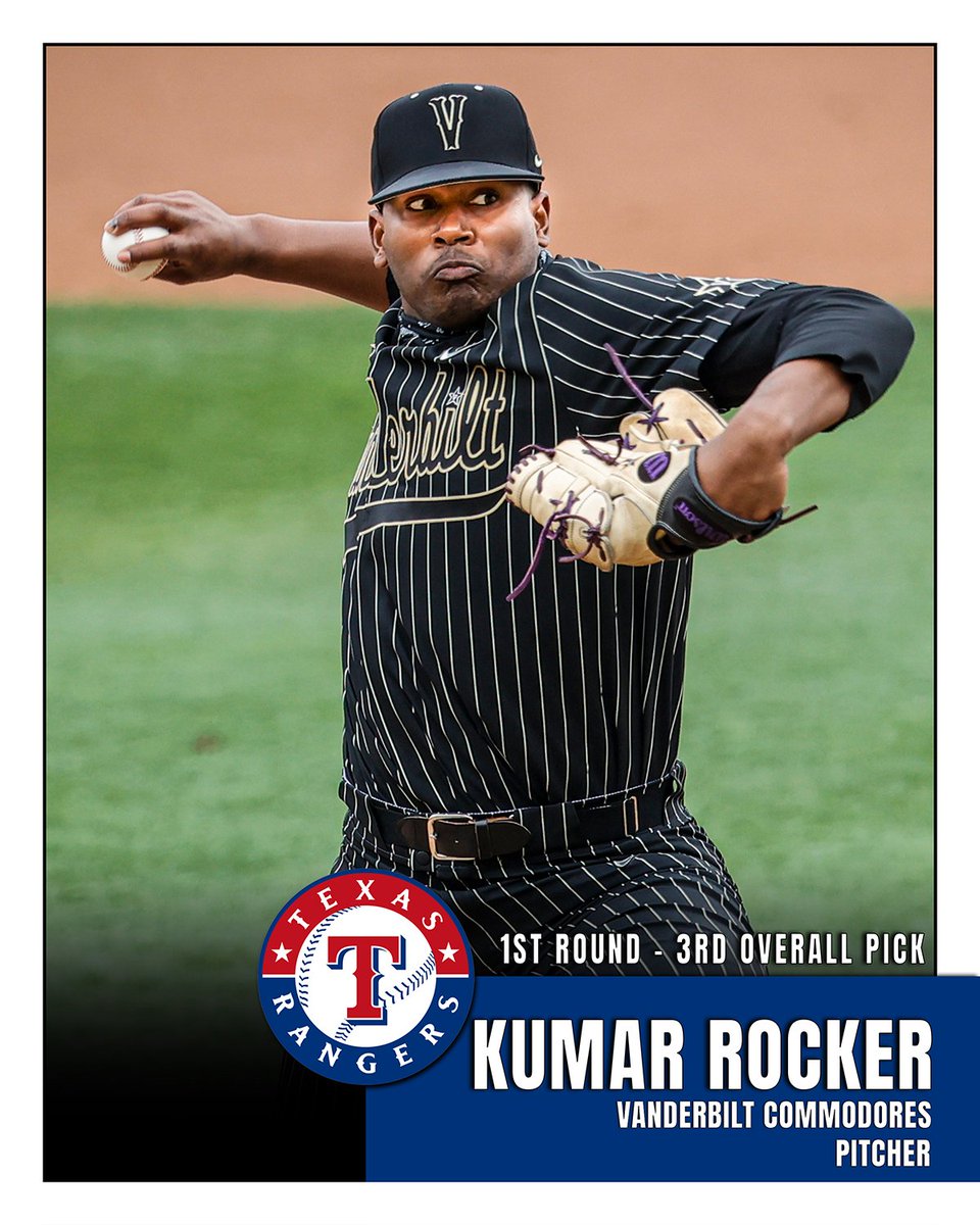 Kumar Rocker, Rangers 1st Rd pick (3rd) of the 2022 draft.

2021 stats with Vanderbilt: 14-4 win-loss record, 2.73era, 179so, 39bb, 122ip.

2022 stats with Tri-City: 1-0 record, 1.35era, 32so, 4bb, 20ip.

Photo by Eddie Kelly / ProLook Photos.
