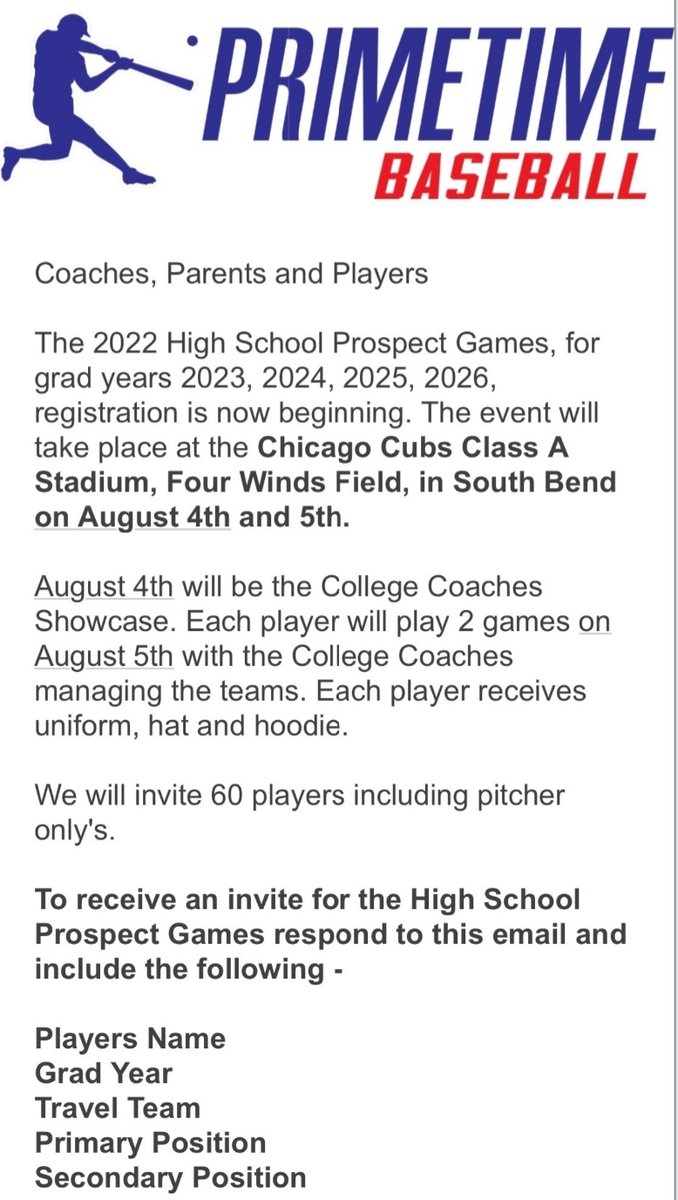 Prospect Games - Ohio (@pg_ohio) on Twitter photo A great opportunity to get yourself "seen" while playing at an amazing Stadium. Limited to 60 players.
<a href="/OEBbaseball/">Ohio Elite Baseball</a>
@Midland_Redskin
<a href="/HitDogsAcademy/">MCBC Hit Dogs Academy Scott Leonard</a>
<a href="/T3Warhawks/">T3 Warhawks Baseball</a>
<a href="/ReleaseBaseball/">Release Baseball</a> A great opportunity to get yourself "seen" while playing at an amazing Stadium. Limited to 60 players.
<a href="/OEBbaseball/">Ohio Elite Baseball</a>
@Midland_Redskin
<a href="/HitDogsAcademy/">MCBC Hit Dogs Academy Scott Leonard</a>
<a href="/T3Warhawks/">T3 Warhawks Baseball</a>
<a href="/ReleaseBaseball/">Release Baseball</a>