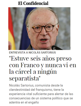 CCivicaCatalana's tweet photo. Sartorius:

"Yo estuve seis años preso con Franco y nunca vi en la cárcel a ni un solo separatista. Oír hablar en la actualidad de presos políticos en España es una manipulación completa. Son los mismos mentirosos del ‘España nos roba’ cuando los que robaban eran ellos" https://t.co/RrGlAT9Sur