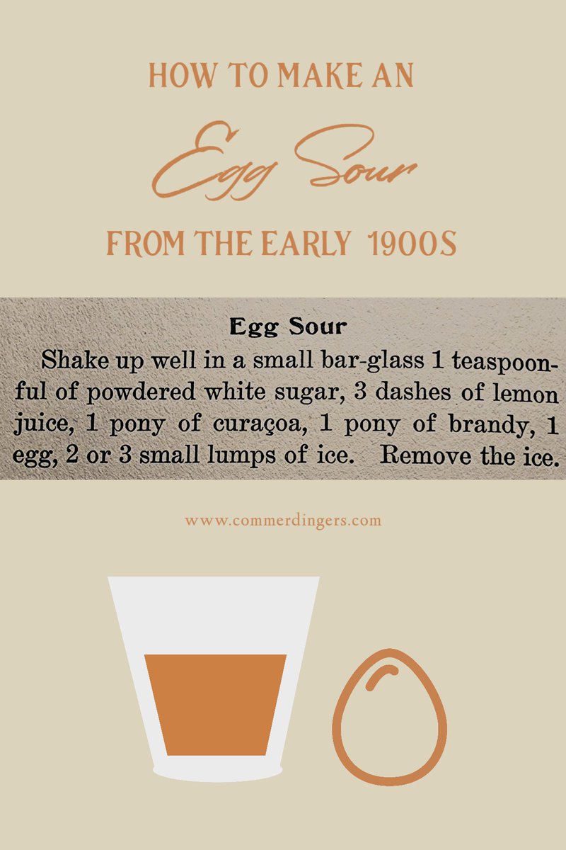 commerdingers's tweet photo. #EggSour from the Early #1900s
Shake up well in a small bar-glass 1 teaspoon-ful of powdered white sugar 3 dashes of lemon juice, 1 pony of #Curaçao 1 pony of #brandy, 1 egg, 2 or 3 small lumps of ice.  Remove the ice.
Note: Use a fresh pee-wee or small-sized egg pasteurized egg https://t.co/DOh8gOPHJX