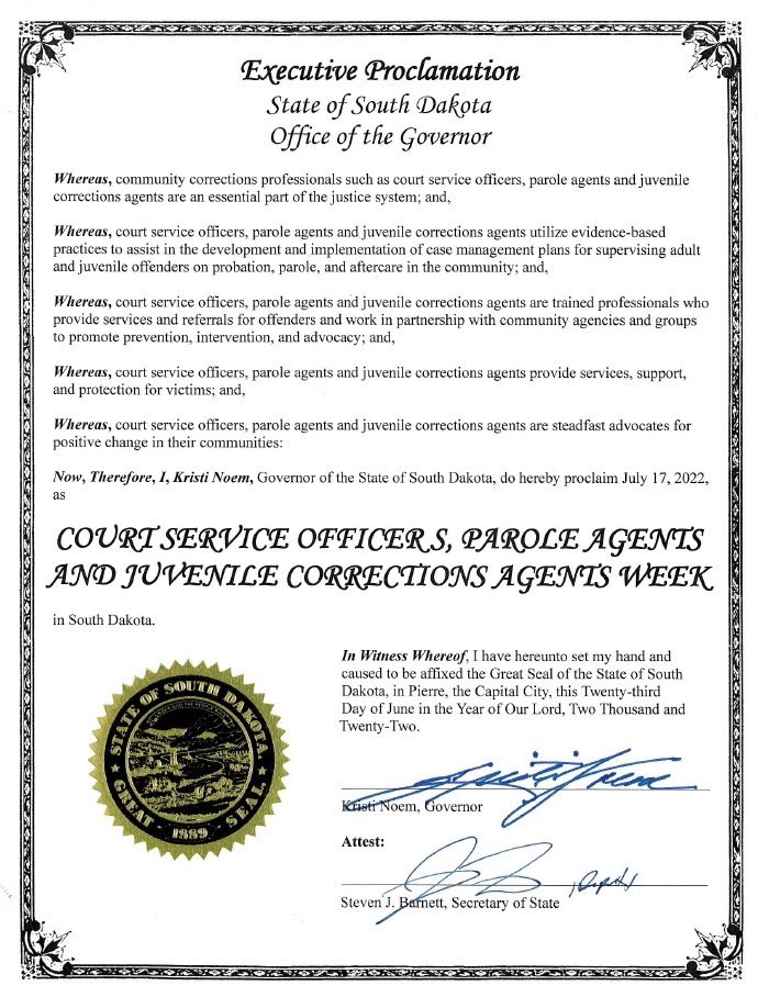 SouthDakotaDOC's tweet photo. July 17-23 is Court Service Officers, Parole Agents and Juvenile Corrections Agents Week in South Dakota. Thanks to those who play a vital role in public safety via community supervision! #parole #paroleagent #juvenilejustice https://t.co/oGU6au6L6A