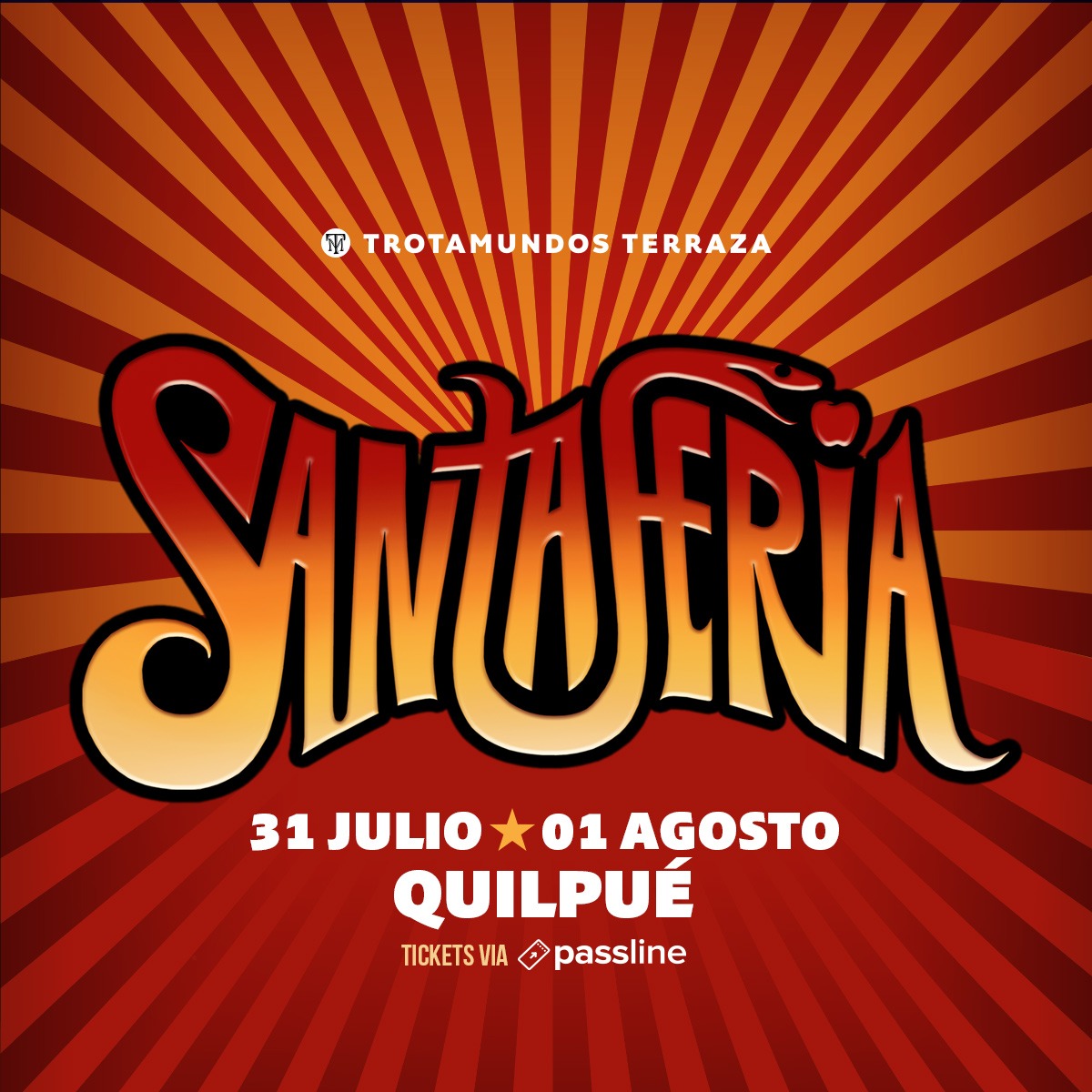 Sitio del Suceso SDS (@sitiodelsuceso) on Twitter photo El que pestañea, pierde!! Ya quedan muy pocas entradas a la venta para los concierto que <a href="/Santaferia/">Santaferia</a> dará el 31 de julio y 1 de agosto en el Trotamundos Terraza de Quilpué.
Si no estás #HaciendoNada , #Sakate1 y corre a compra tu entrada en passline.com El que pestañea, pierde!! Ya quedan muy pocas entradas a la venta para los concierto que <a href="/Santaferia/">Santaferia</a> dará el 31 de julio y 1 de agosto en el Trotamundos Terraza de Quilpué.
Si no estás #HaciendoNada , #Sakate1 y corre a compra tu entrada en passline.com