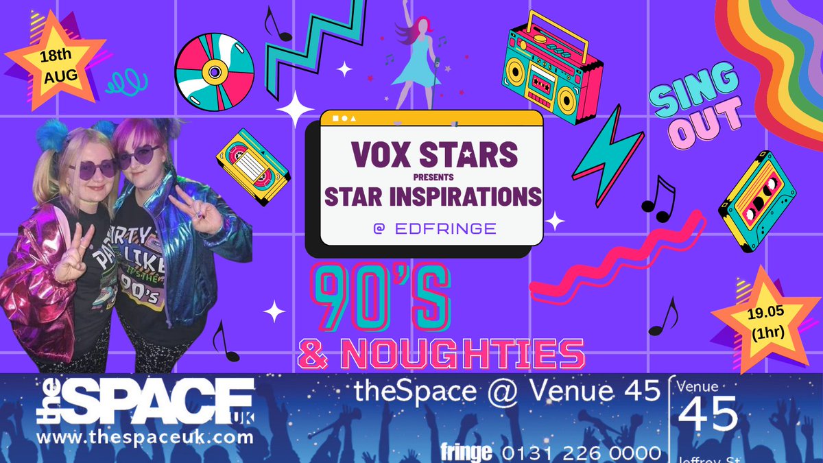 Vox_Stars's tweet photo. #Booknow:Our 6th super themed singing night  @edfringe -#90s &amp; #00s Show: Vox Stars Presents Star Inspirations @theSpaceUK Thurs 18th Aug 19.05 (1hr) music from icons #SpiceGirls #BritneySpears #SClub7 #christinaaguilera #Vengaboys #Blur #ShaniaTwain #BackstreetBoys #Kylie&amp; More https://t.co/y208SeNLOD