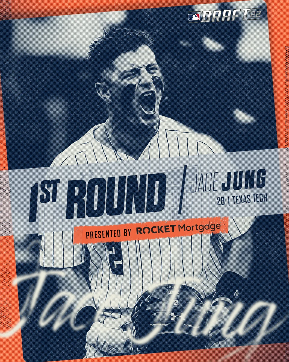 Stylized orange and blue graphic announcing Tigers’ 2022 first-round draft pick: Jace Jung, second baseman from Texas Tech University.