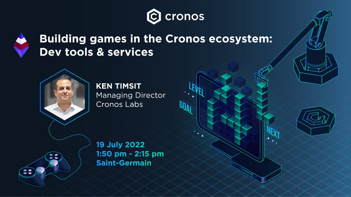 CronosApp's tweet photo. Calling all game devs 🎮 at #EthCC : Level up your know-how on the latest Cronos gaming dev tools &amp; services ⚒️ tomorrow with @kentimsit

🗓️19 July, Tuesday
🕑1:50 pm - 2:15 pm
📍Saint-Germain
#gamedeveloper https://t.co/r39nAfW5qJ