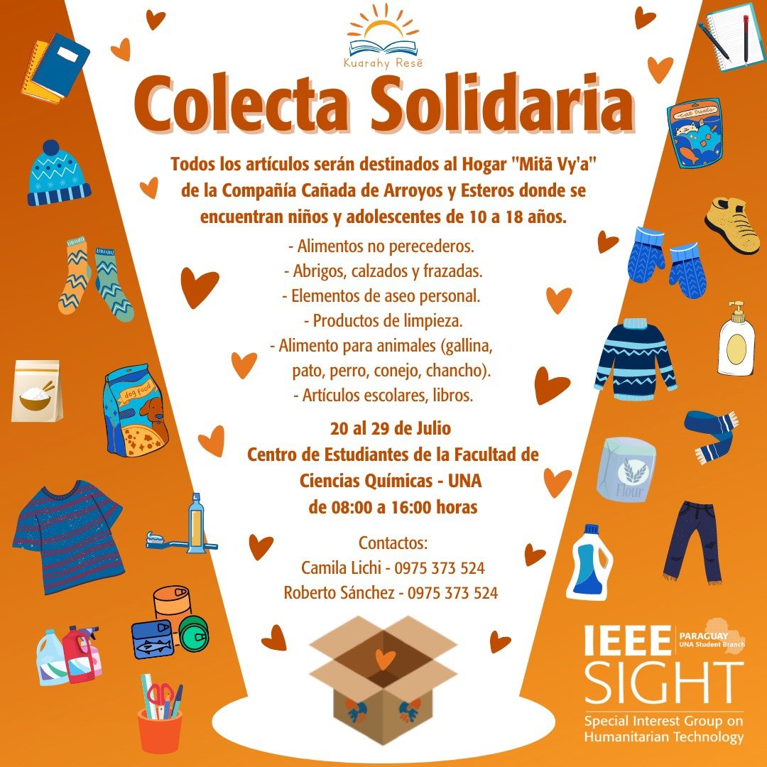 ieeesightunapy's tweet photo. COLECTA SOLIDARIA - PROYECTO KUARAHY RESĒ  📖☀️
 
Apelamos a tu solidaridad para que juntos podamos brindarles un día lleno de alegría con talleres y donaciones que serán de gran ayuda para el hogar 🧡💙.

#ieee #ieeeuna #ieeeunasb #ieeesight #ieeesightpy #ieeer9 #SACteamR9 https://t.co/brwx2NvfE5