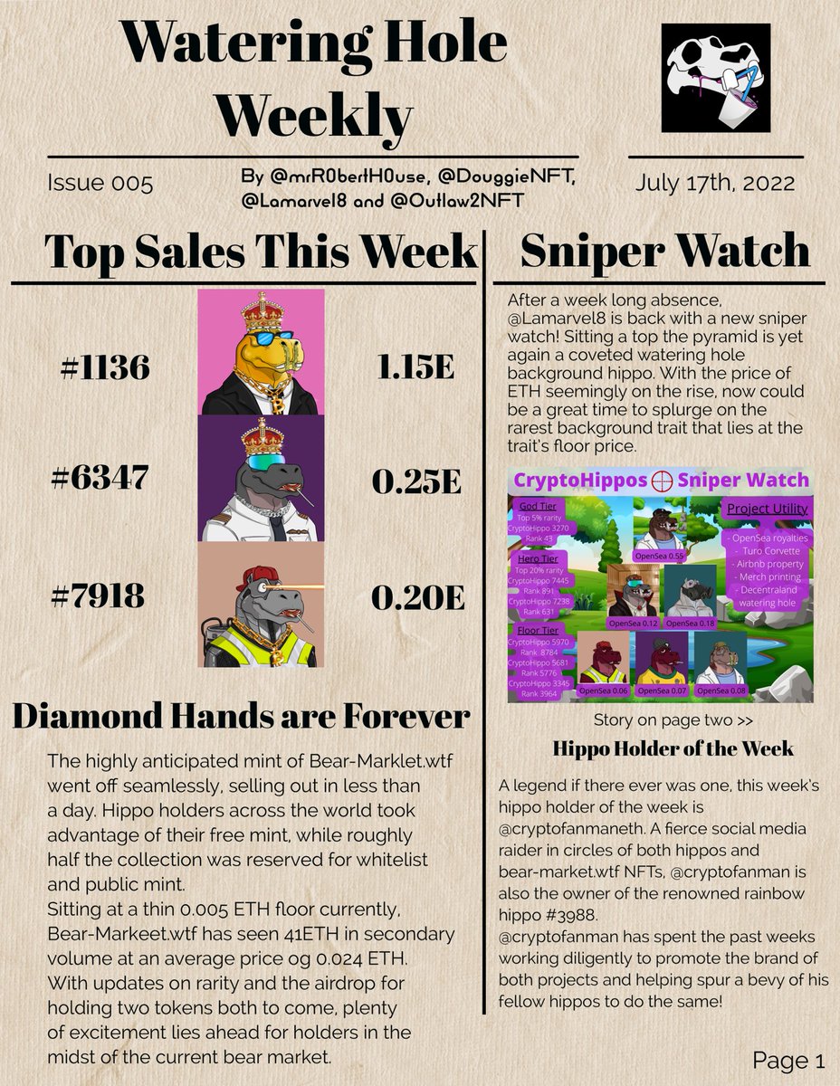 | | |        | | |         |———|
|    \/-\/   |         |——|
\__/ - \__/ EEK |_|  IVE

Issue 005 - Watering Hole Weekly

@CryptoHipposNFT @bearmarketwtf #cryptohippos #NFT #HippoArmy #WateringHoleWeekly #BMWTF