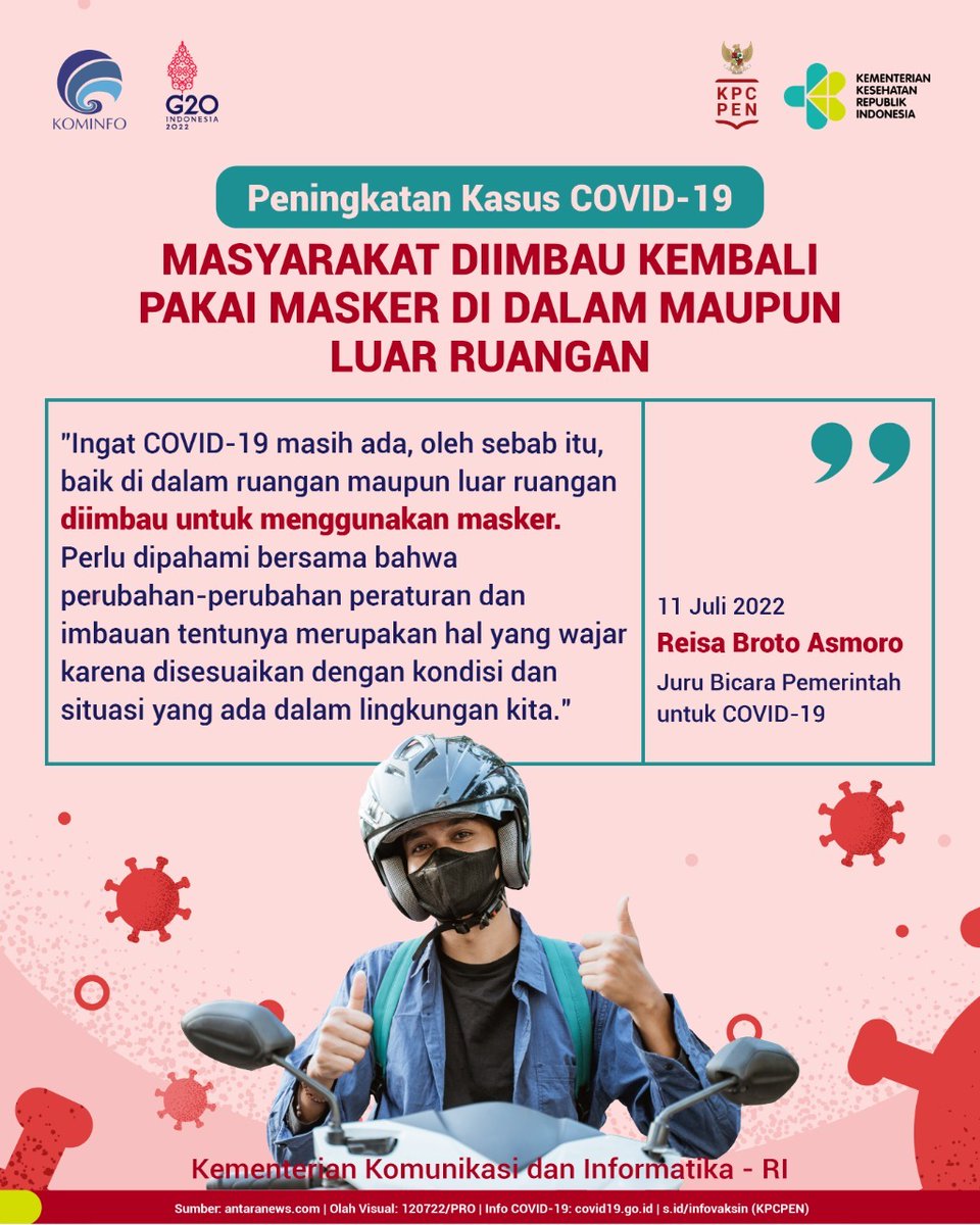 Koreksi kebijakan pemerintahyg patut diapresiasi, bahwa pakai masker tetap dianjurkan. Dari segi kesehatan, perilaku pakai masker di ruang publik dapat mengurangi risiko terkena penyakit yg dapat ditularkan karena memghirup udara yg sudah terkontaminasi virus, kuman dan polutan.
