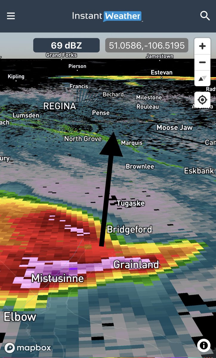 IWeatherSK's tweet photo. 6:50 PM - Sun, July 17, 2022: #skstorm
Dangerous & strengthening supercell moving SE towards #Bridgeford, #Tugaske, #Brownlee, #Marquis, #NorthGrove & potentially towards #Pense, #MooseJaw, #Rouleau or #Regina depending on any direction changes. Take shelter, folks! #skstorm https://t.co/VtV9HDAhdl