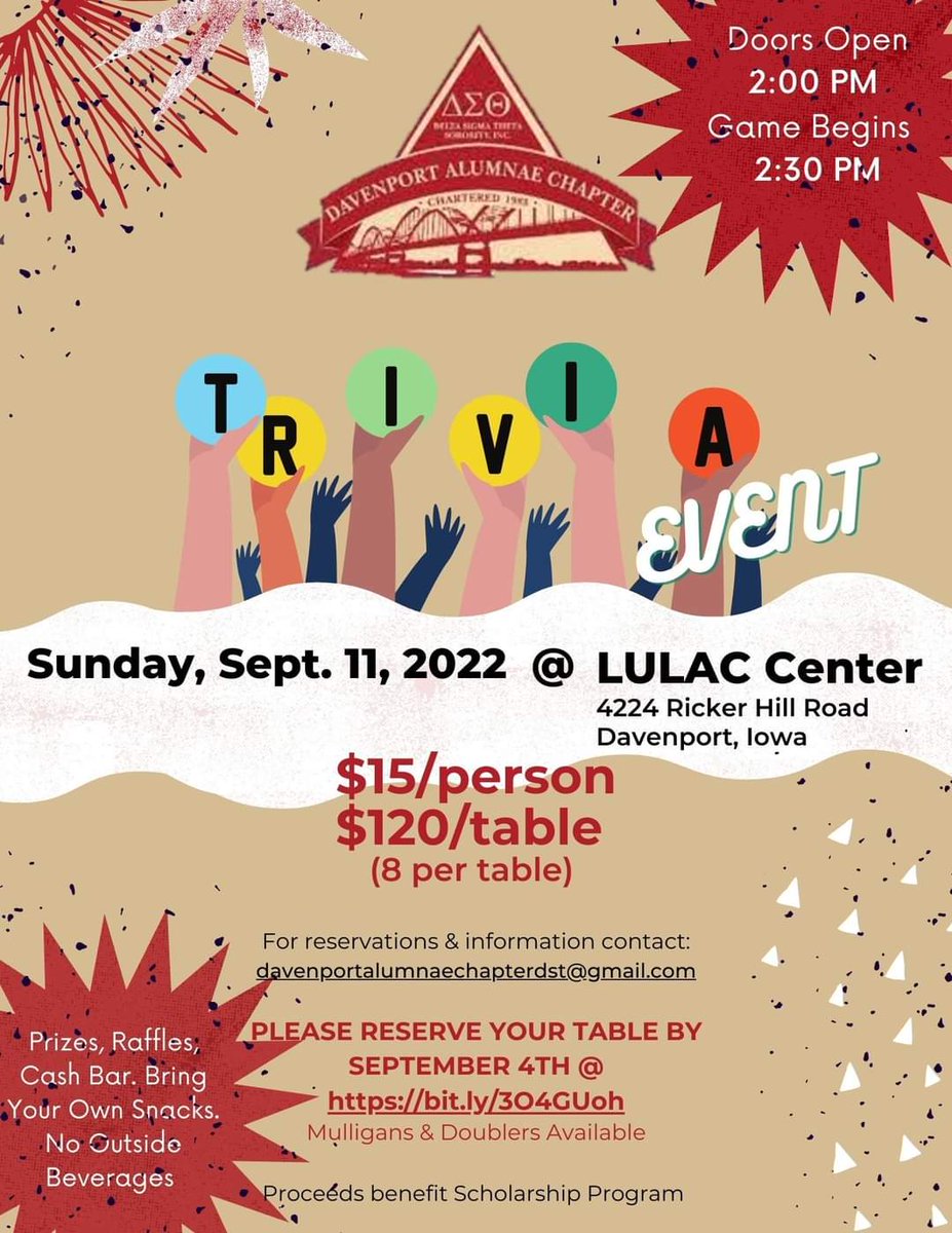 On behalf of the Davenport Alumnae Chapter of Delta Sigma Theta Sorority, Inc. we would like to invite you to a Trivia Event on September 11, 2022, at 2:00pm.   Proceeds benefit our Scholarship Program. 
Dr. Stephanie E. Long
DAC President