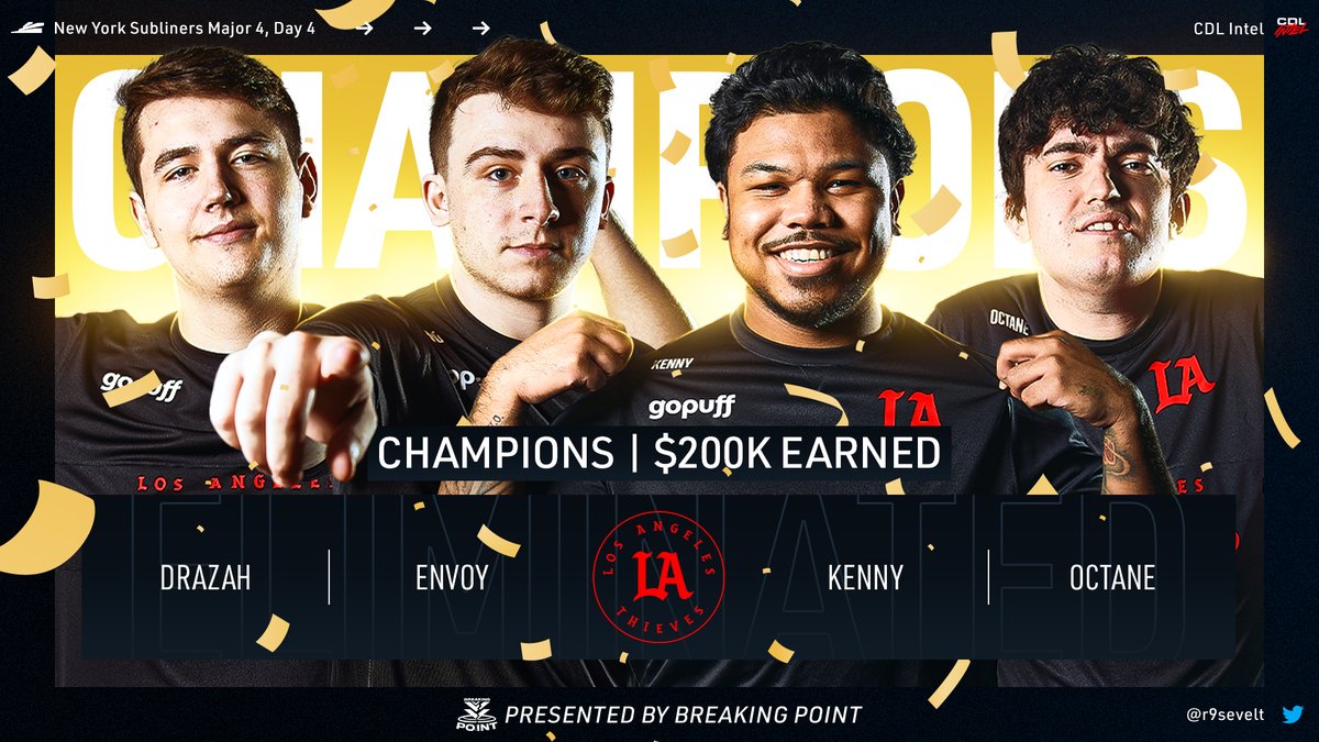 intelCDL's tweet photo. LOS ANGELES THIEVES ARE YOUR MAJOR IV CHAMPIONS!

@Kuavo | @OctaneSam | @Drazah_ | @DylanEnvoy | @JKap415 | @SHANEE https://t.co/zXdKmqp7hT