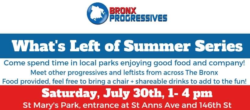 bxprogressives's tweet photo. we are so excited to spend the rest of the summer out in our parks throughout The #Bronx!

join us in 2 werks for our first in the series at St. Mary's Park!

it is more important then ever to build with each other, so come enjoy some free food and do just that! https://t.co/ISZTRU3ZLh