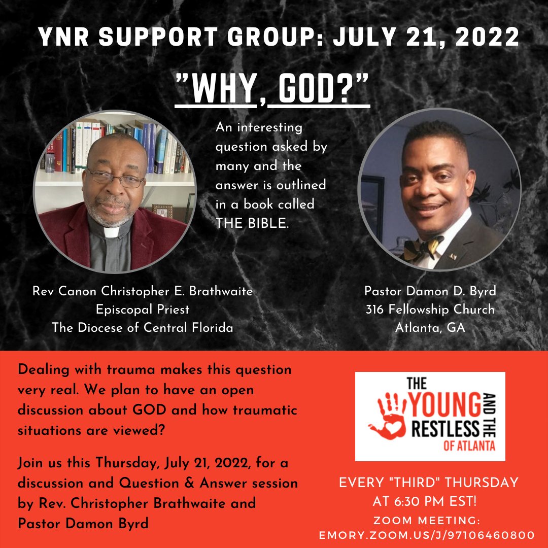 YnRATL's tweet photo. Welcome to The Young and the Restless of Atlanta – TBI/ABI (STROKE) Support Group

“Why, GOD?” – this is a question that is mis-understood by many, especially by those facing trauma.
Questions relating to Faith and Trauma will be the theme for this Thursday Support Group Call. https://t.co/e1fx084CDe
