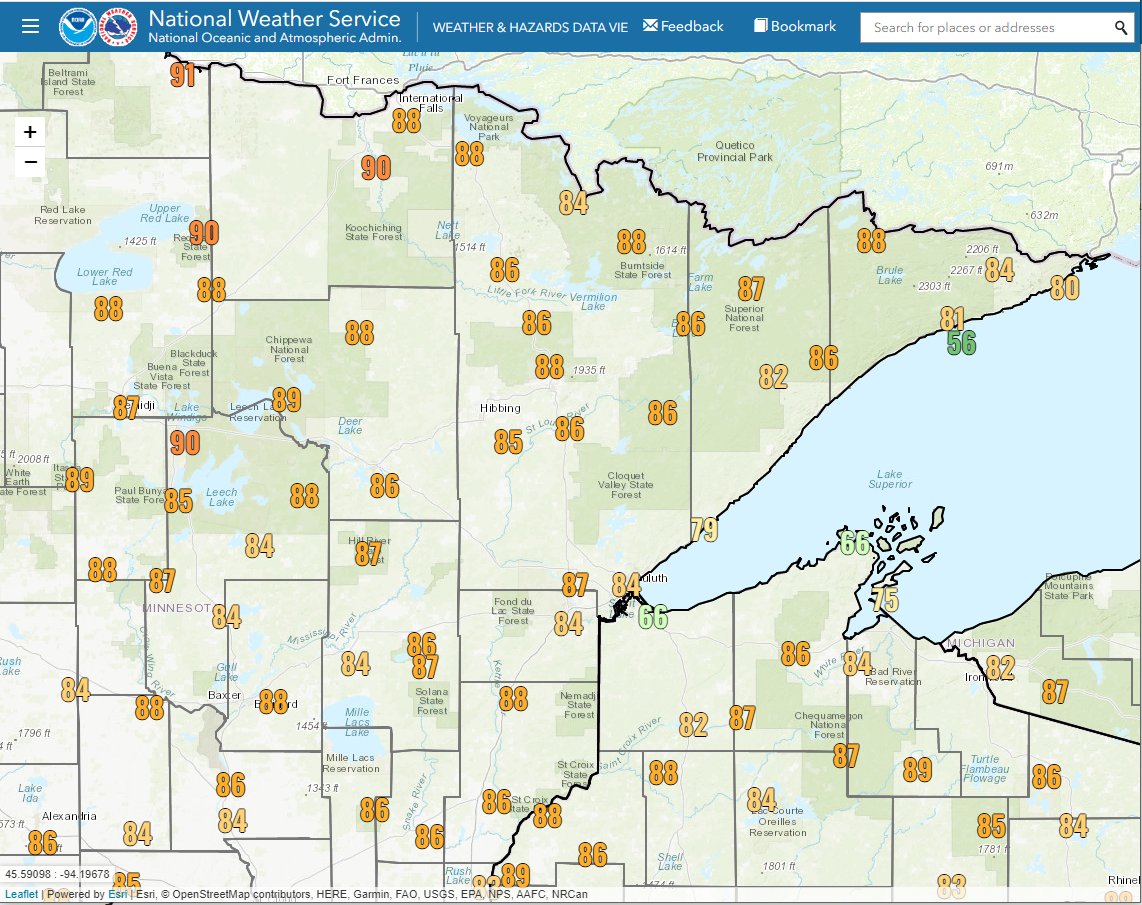 NWSduluth's tweet image. While most of us were feeling pretty warm today with highs in the mid 80s to near 90, our station at the Bay of Grand Marais topped out at... 57 degrees! That is darn impressive for mid July when the lake is *usually* warmer than it has been this summer. #MNwx #WIwx