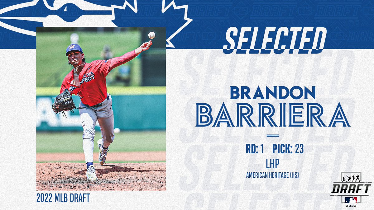 With the 23rd pick in the 2022 #MLBDraft, we've selected LHP Brandon Barriera from American Heritage High School. Welcome to the #BlueJays, Brandon!