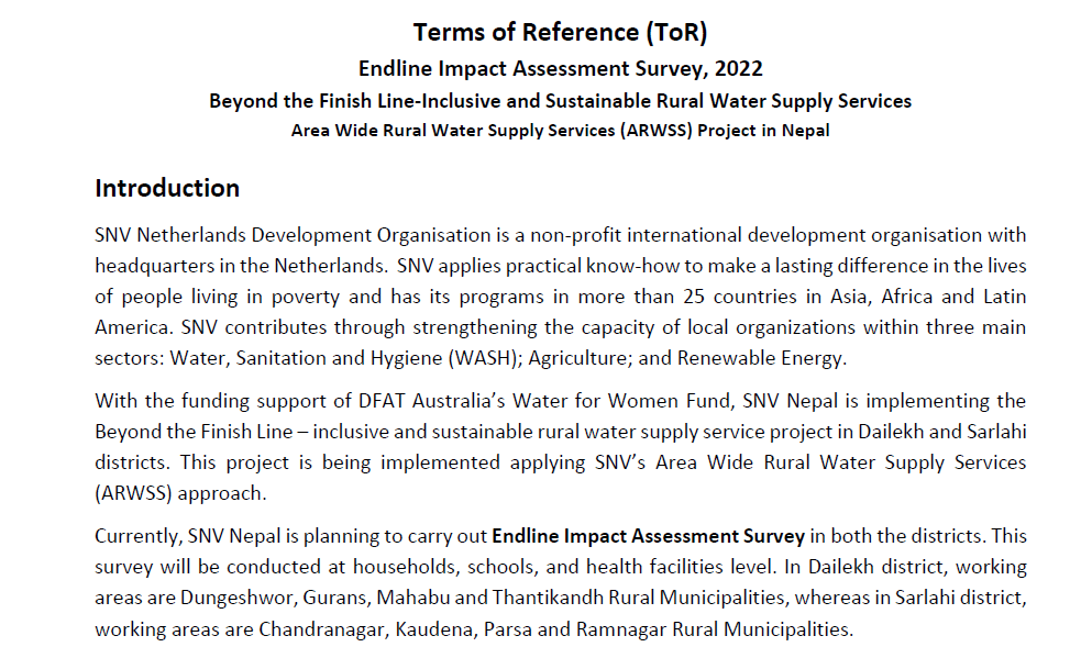 SnvNepal's tweet photo. @SNVNepal is planning to carry out #Endline #Impact #Assessment #Survey in #Dailekh and #Sarlahi. We are seeking a service provider to carry out this task. ToR is in the link below:
https://t.co/8DwrqM93Il
Deadline: 10 August 2022, 17:00 hrs https://t.co/iZtZK9gorL