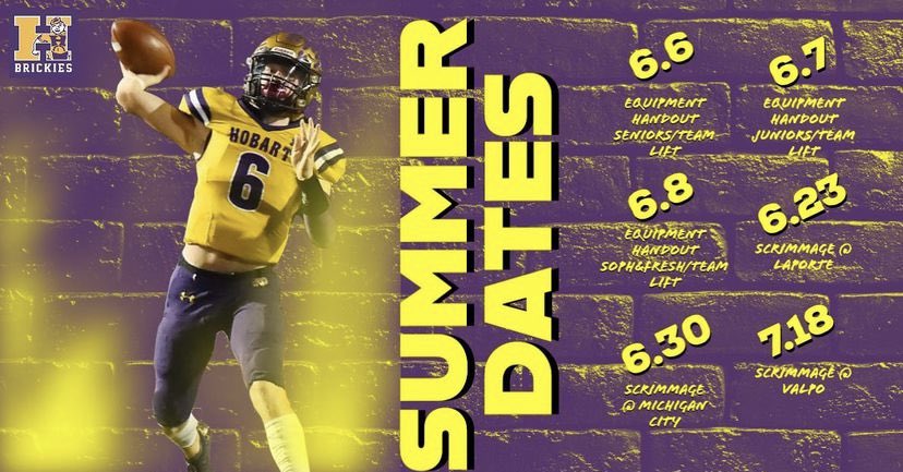 brickiesfb's tweet photo. Wrapping up our summer scrimmages tomorrow evening at Valparaiso High School‼️ Looking forward to great competition‼️ @VHSFootball_19 

#BrickieUp #AllMyLife 🟣🟡🧱 https://t.co/N3W0y93ULm
