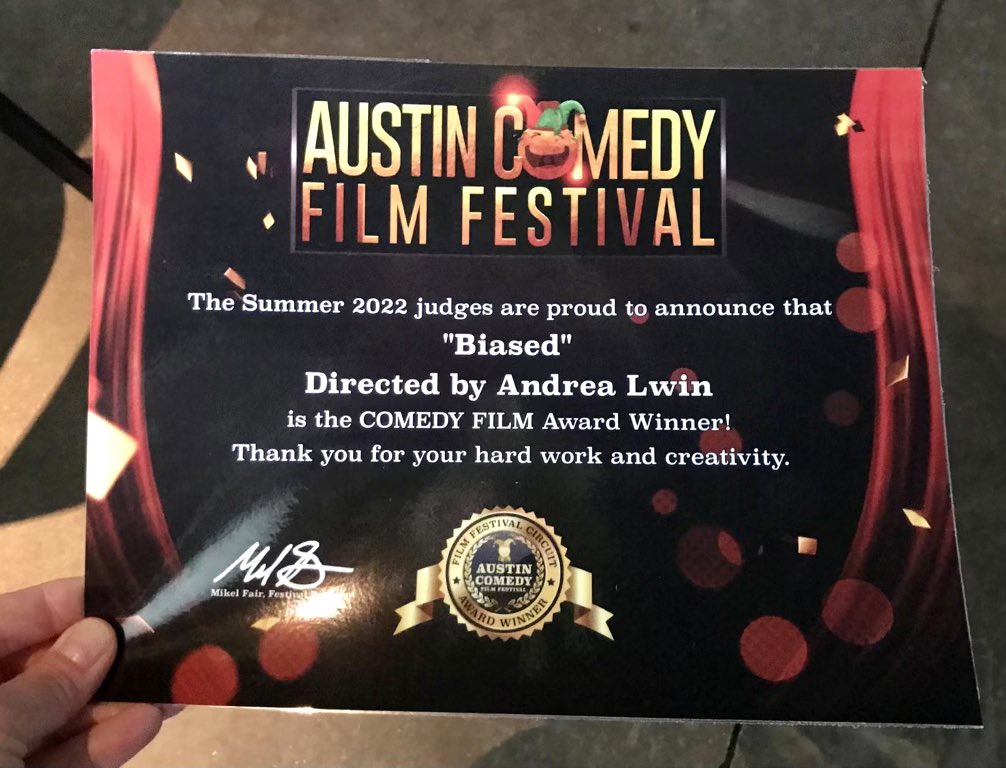 IndstryStdFilms's tweet photo. BIASED written/directed by @AndreaLwin won Best Comedy Film at Austin Comedy Film Festival‼️ Congratulations Team Biased 🏆  @DaveSJung @ElaineKao @JonathanOhye @thecharleskim @sandravaldedp @DanielLarsh @FrancescaOHern @JeffMarch 
Thank You @mikelfair &amp; AustinCFF for having us! https://t.co/gtTdlYkxvt