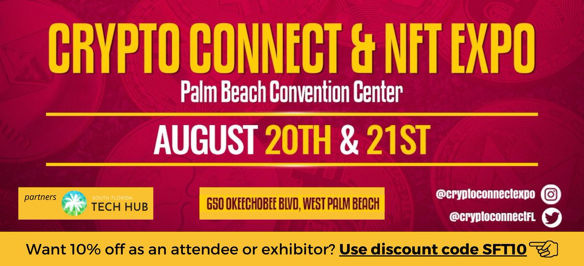 #CRYPTOCONNECT is coming!

5k attendee 
50+ speakers
100+ exhibitors
2 days of the ultimate 

...cryptocurrency
blockchain technology
virtual real estate
Web 3
NFTs
Metaverse

Register Today using this link for 10% off  ---&gt;&gt;&gt; eventbrite.com/e/crypto-conne…

#BuildingSoFlo