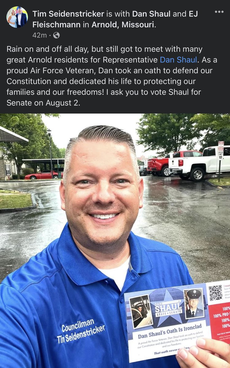 I am thankful for the outpouring of support throughout Jefferson County. Thank you to Arnold Ward 2 Councilman Tim Seidenstricker for helping us get our message out in Arnold today! #TeamShaul #ArnoldMO #moleg