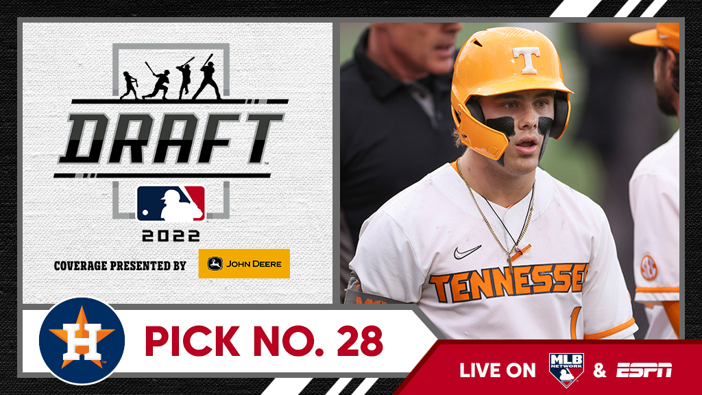 MLBDraft's tweet photo. With the 28th overall pick, the @astros select @Vol_Baseball outfielder Drew Gilbert, No. 32 on the Top 250 Draft Prospects list.

Watch live: https://t.co/42SJUa2odY https://t.co/L8WaTrmhoc