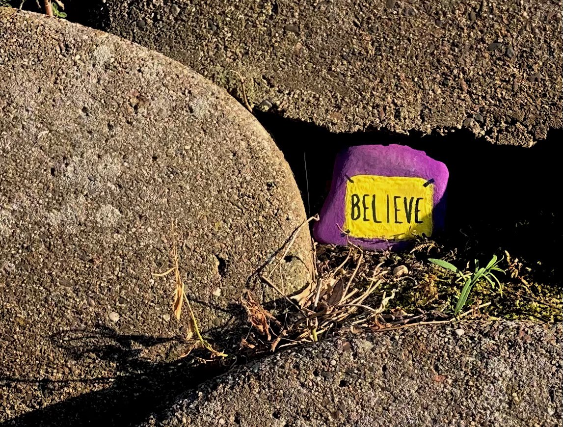 snarkoutboy's tweet photo. Someone must have really needed that first #Believe rock, because it has already walked away. I painted a new rock &amp; put it in the same niche. Hope this one stays in place for more than 2 days. Leave the rock, spread the #TedLasso love, folks! @jasonsudeikis @nickmohammed https://t.co/1RDvOXZAnJ