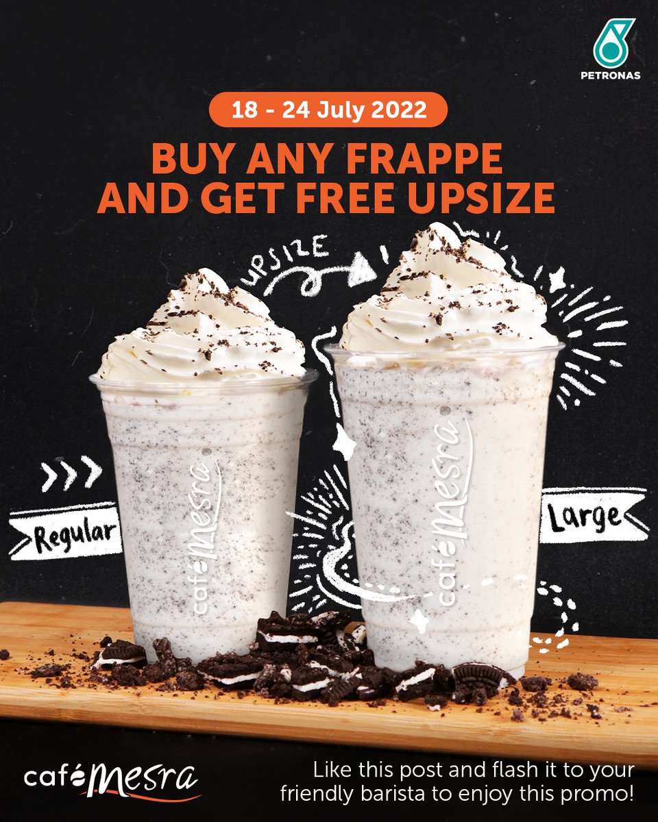Petronasbrands's tweet photo. ✨️Cafè Mesra's Weekly Special!✨️

The bigger the better, the more the merrier! Jio your yumcha geng and get a free upsize when you buy any frappe from 18 - 24 July 2022!

Jom #SinggahDulu Café Mesra ☕ ➡️  https://t.co/qJqaLOfjvI 

#cafemesra #NgopiJom #simplerandbetter https://t.co/b1wVECE1pO