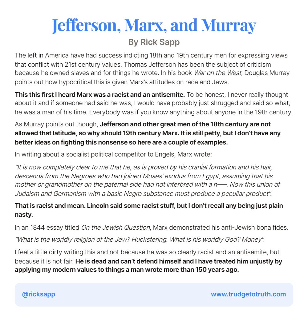 ricksapp's tweet photo. In his book War on the West, @DouglasKMurray points out the hypocrisy of the left for not giving Karl Marx the same treatment as Thomas Jefferson. It appears Marx was just plain mean too.
#History
#Savethestatues https://t.co/AfsWVe6nuh