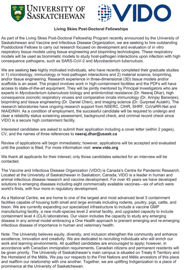 Searching for two motivated postdoctoral fellows in the areas of: 

1. Pathogen-host interactions using human organoid models and microbes such as M. tuberculosis and SARS-CoV-2.

2. Bioprinting, 3D tissue models, and/or tissue engineering. 

More details below 👇🏿. Please RT. 🙏🏿
