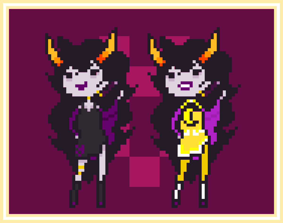 paruse_j's tweet photo. Here with the sequel! Done with Cridea! Don't know who I'll do next, probably the other Violet troll~

#Homestuck #hiveswap #hiveswapact3 #SAHcon #Pixelart #ministrife #CrideaJeevik https://t.co/z3GsV9nXMR