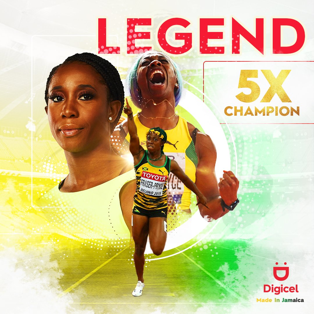 2009 | 2013 | 2015 | 2019 | 2022 🥇
5X 100M Champion
Legend 🐐

<a href="/realshellyannfp/">ShellyAnnFraserPryce</a>, the first woman to win 5 100M World Championship titles! 

Digicel, proud sponsor of Shelly-Ann Fraser-Pryce since 2008. #DigicelBetterTogether