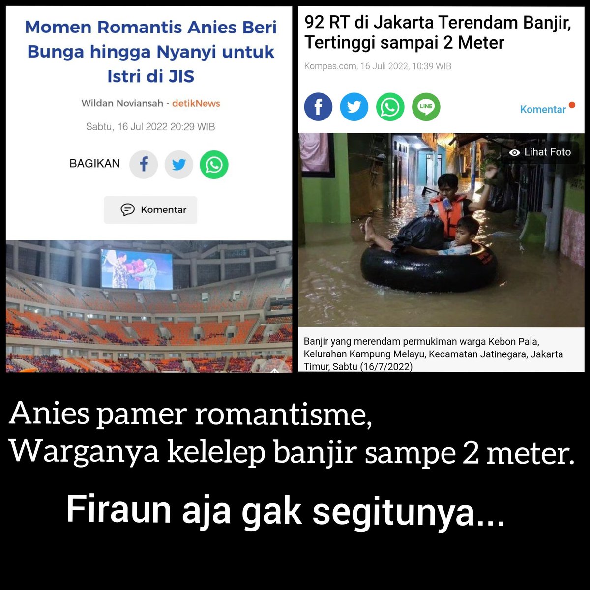 GunRomli's tweet photo. Setelah JIS dipake sbg panggung politik identitas, kini dipake panggung pribadi.

Anies pamer kemesraan di tengah warganya kesusahan, kelelep banjir 2 meter.

Firaun aja gak segitunya ya.. 🤣 https://t.co/Np9Xel8JZW