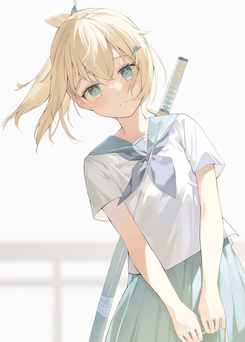 kazama iroha 1girl blonde hair solo weapon skirt sword school uniform  illustration images
