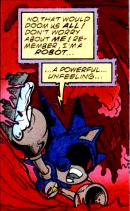In the Archie Comics, Metal Sonic would undergo various revisions before ultimately sacrificing himself in a pool of lava not unlike his OVA counterpart. Many years later, this robot would be revived and turned into Shard the Metal Sonic.

His color scheme is based on Metal 3.0. 