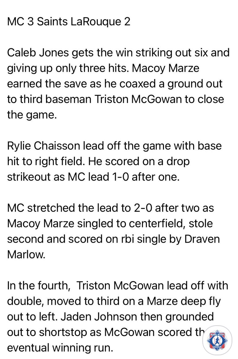 MidCountyBabeRuth (@mcbaberuth3) on Twitter photo Game 3 Re-Cap
MIdCounty 3 Saints 2
<a href="/CalebJo33056409/">Caleb Jones</a> <a href="/McgowanTriston/">Triston Mcgowan</a> <a href="/rychaisson/">rylie chaisson</a> <a href="/MacoyMarze/">Macoy Marze</a> <a href="/dravenmarlow/">dra’</a> <a href="/Jaden_john_/">Jaden Johnson</a> Game 3 Re-Cap
MIdCounty 3 Saints 2
<a href="/CalebJo33056409/">Caleb Jones</a> <a href="/McgowanTriston/">Triston Mcgowan</a> <a href="/rychaisson/">rylie chaisson</a> <a href="/MacoyMarze/">Macoy Marze</a> <a href="/dravenmarlow/">dra’</a> <a href="/Jaden_john_/">Jaden Johnson</a>