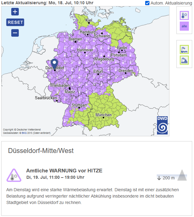 Eine vorübergehende Hitzewelle sorgt in den kommenden Tagen für eine starke Wärmebelastung in weiten Teilen des Bundesgebiets. 

Weitere Infos auf dwd.de, hitzewarnungen.de oder in der WarnWetter-App. 
Verhaltensempfehlungen unter dwd.de/DE/leistungen/… /V