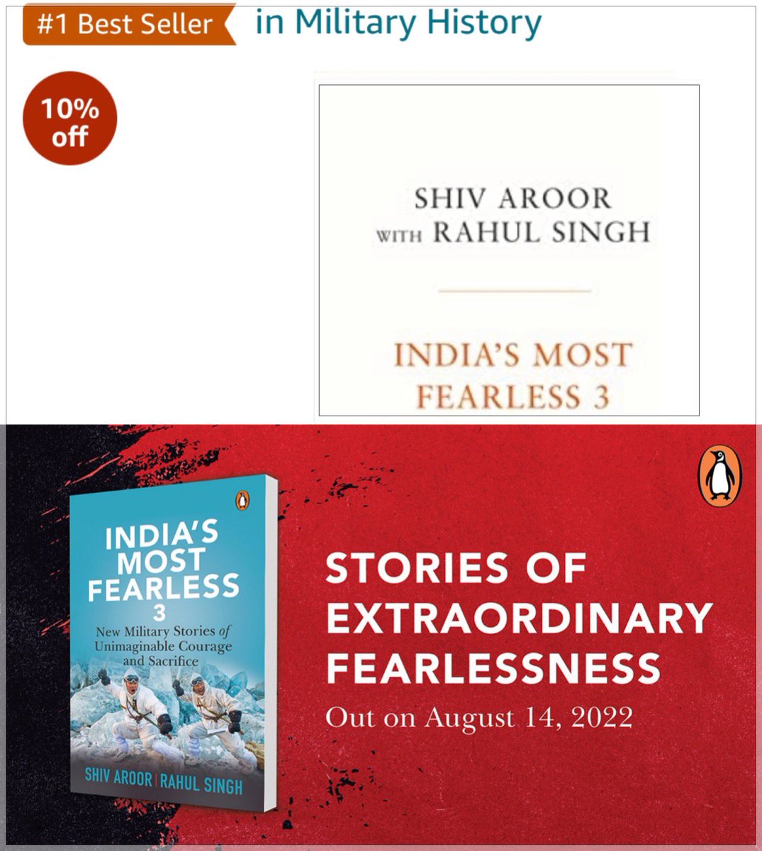 ShivAroor's tweet photo. Overwhelmed! ♥️

‘India’s Most Fearless 3’ is a No.1 Amazon bestseller across categories on Day 1 of *pre-orders*! Thank you for your love &amp; interest!

For all those asking about the contents/ops covered, I promise your patience won’t be in vain 🔥

🔗: https://t.co/pNZ1reWYRZ https://t.co/udkB9tB22l
