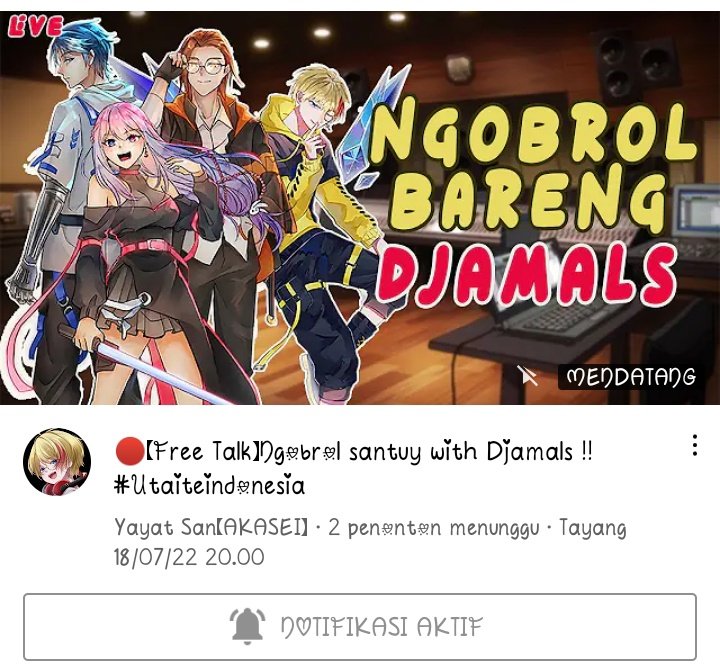 DoS_seiran's tweet photo. Sorechuu 💛
Hari ini @YayatSan_ bakalan live dengan Djamal jam 8 malam gantiin kmrn yg ketunda. Semoga hari ini gk ada kendala apapun😊 amin.
Waiting room
https://t.co/ChRnxhcvLh
#yayatsan #yatstream #Vtuber #VtuberID #utaite #歌って #歌 #Akasei #Seiran #Djamal https://t.co/jYpTskMq4P